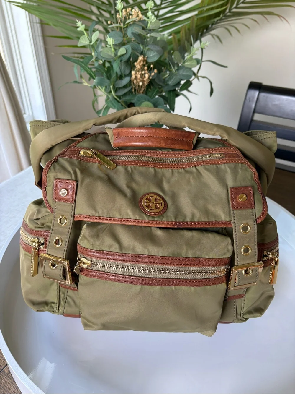 Tory Burch Olive Green Nylon Backpack with Brown Trim and  display picture 3